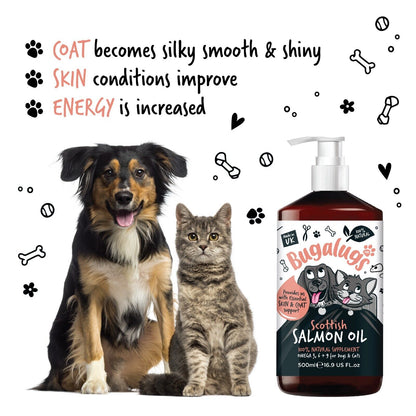 Bugalugs 100% Pure Salmon Oil for Dogs, Cats, and Pets - 500ml for Healthy Skin and Coat