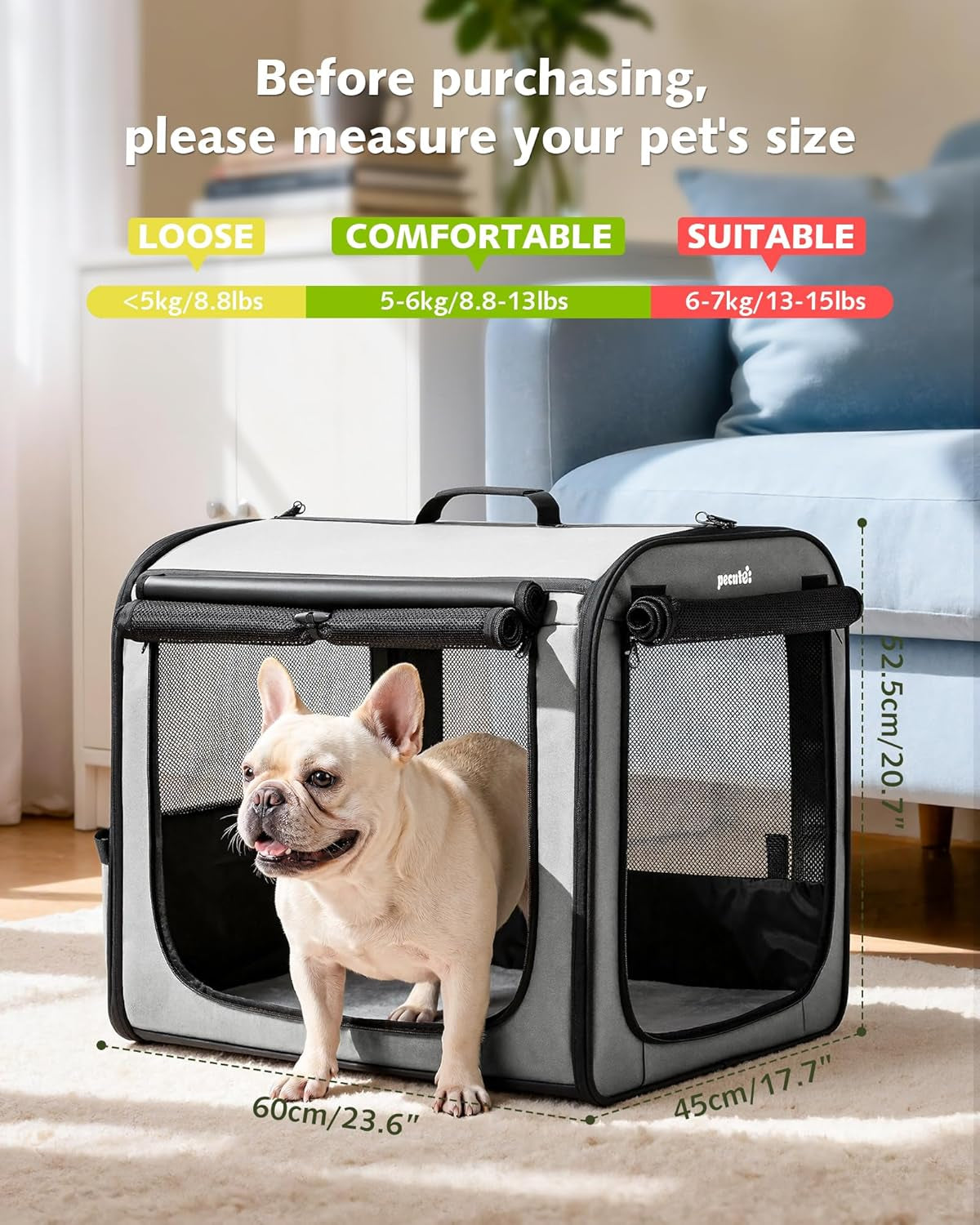 Foldable Transport Bag for Dogs and Cats, 61 X 45 X 52 Cm, Breathable Transport Crate for Dogs and Cats, Suitable for Indoor and Outdoor Use, Travel, Grey