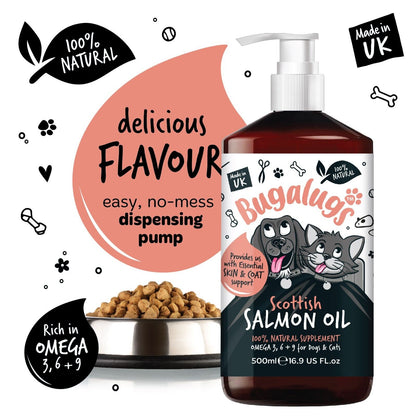Bugalugs 100% Pure Salmon Oil for Dogs, Cats, and Pets - 500ml for Healthy Skin and Coat