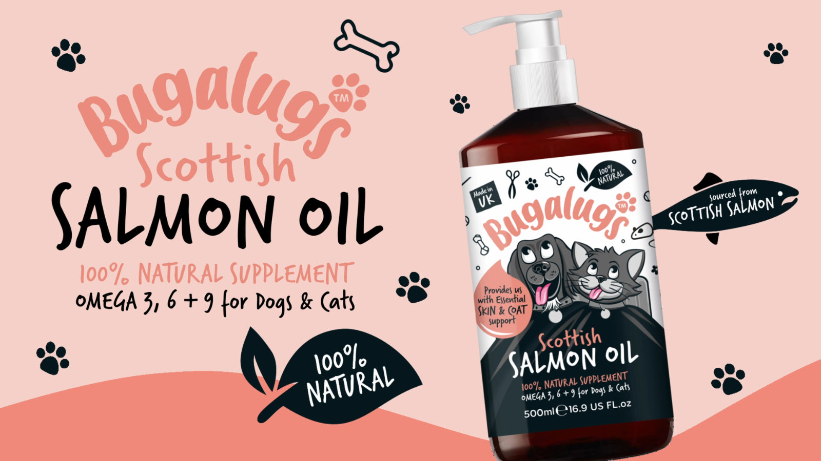 Bugalugs 100% Pure Salmon Oil for Dogs, Cats, and Pets - 500ml for Healthy Skin and Coat