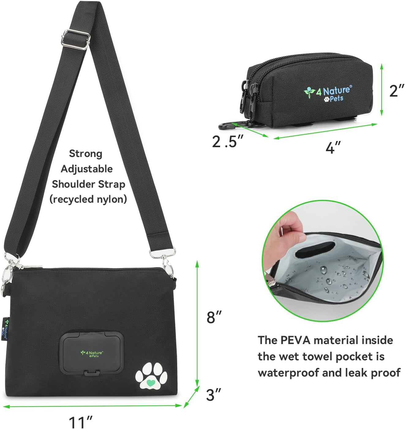 Dog Training Treat Pouch with Poop Bag Dispenser, Leakproof Wet Wipes Pocket, Water Resistant Food Holder (Black)