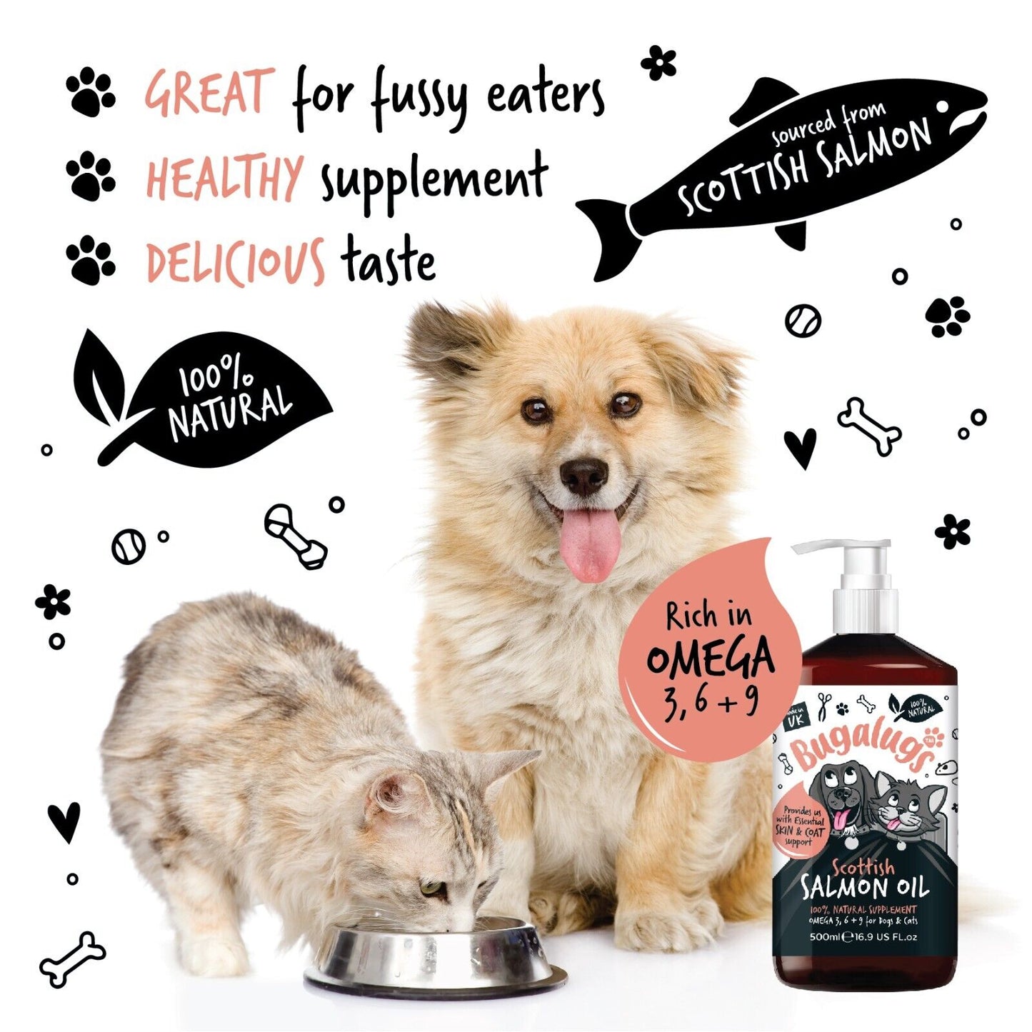 Bugalugs 100% Pure Salmon Oil for Dogs, Cats, and Pets - 500ml for Healthy Skin and Coat